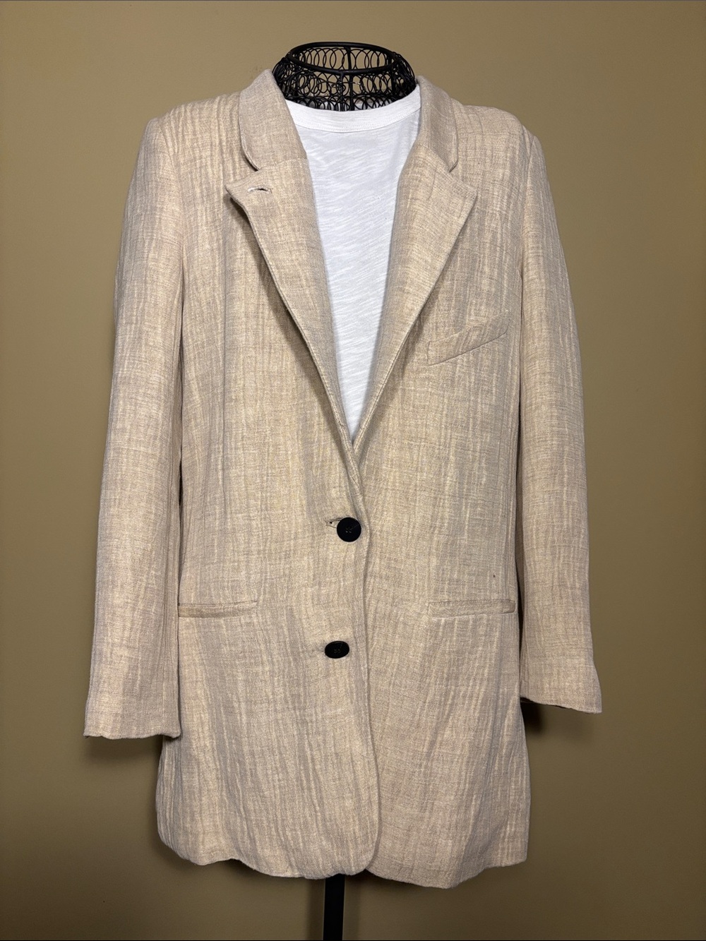 Zara Cream Textured Longline Blazer